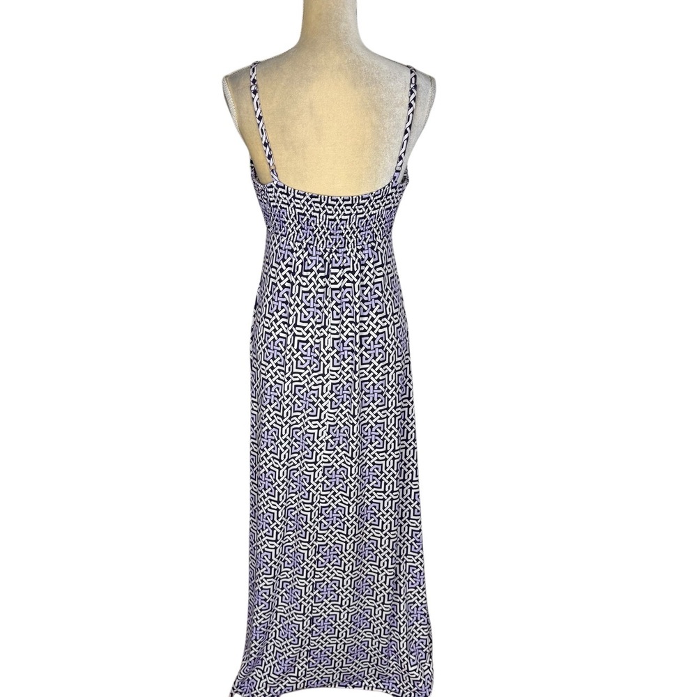 New York & Company Purple Greek Key Geometric Smocked Maxi Dress V Neck Medium - Picture 4 of 10